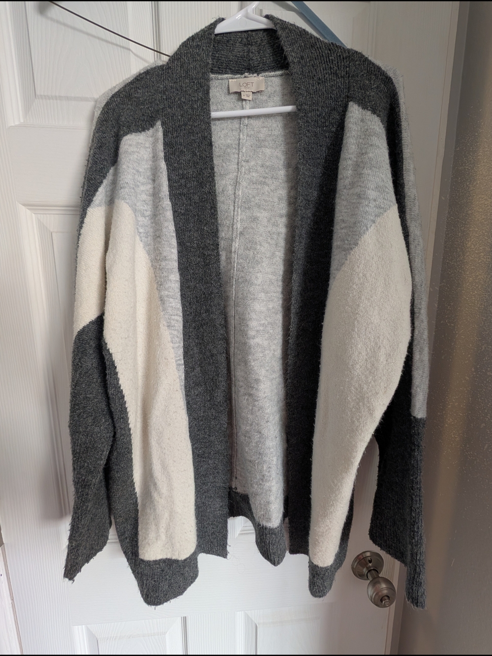 LOFT Gray and Cream Colorblock Open Front Cardigan